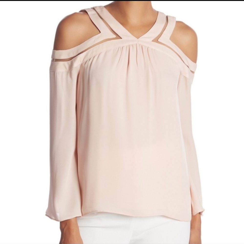 RAMY BROOK Lex Blush Cold-Shoulder Silk Blouse with Mesh Trim M